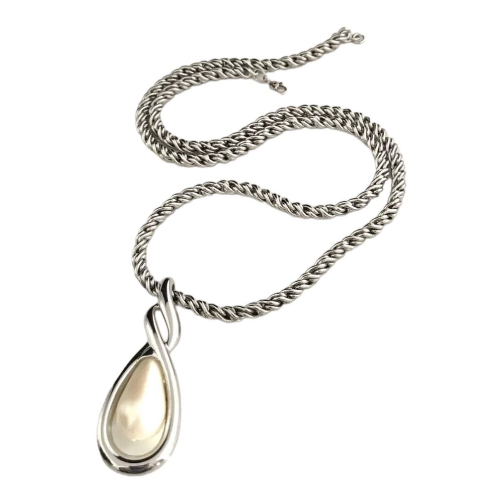 Vintage 1980s Monet Necklace Silver Tone Twisted Rope Chain Pearl Pendant - 4T